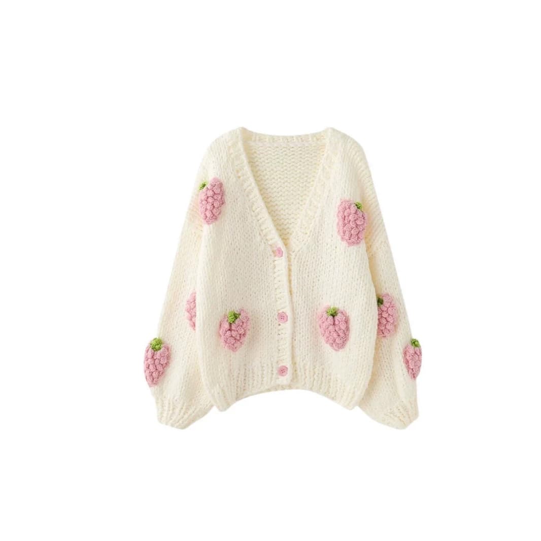 2026 New Style Export European and American Knitted Cardigan Sweater Women's Top V-Neck Lantern Sleeve Sweet and Cute Strawberry Coat