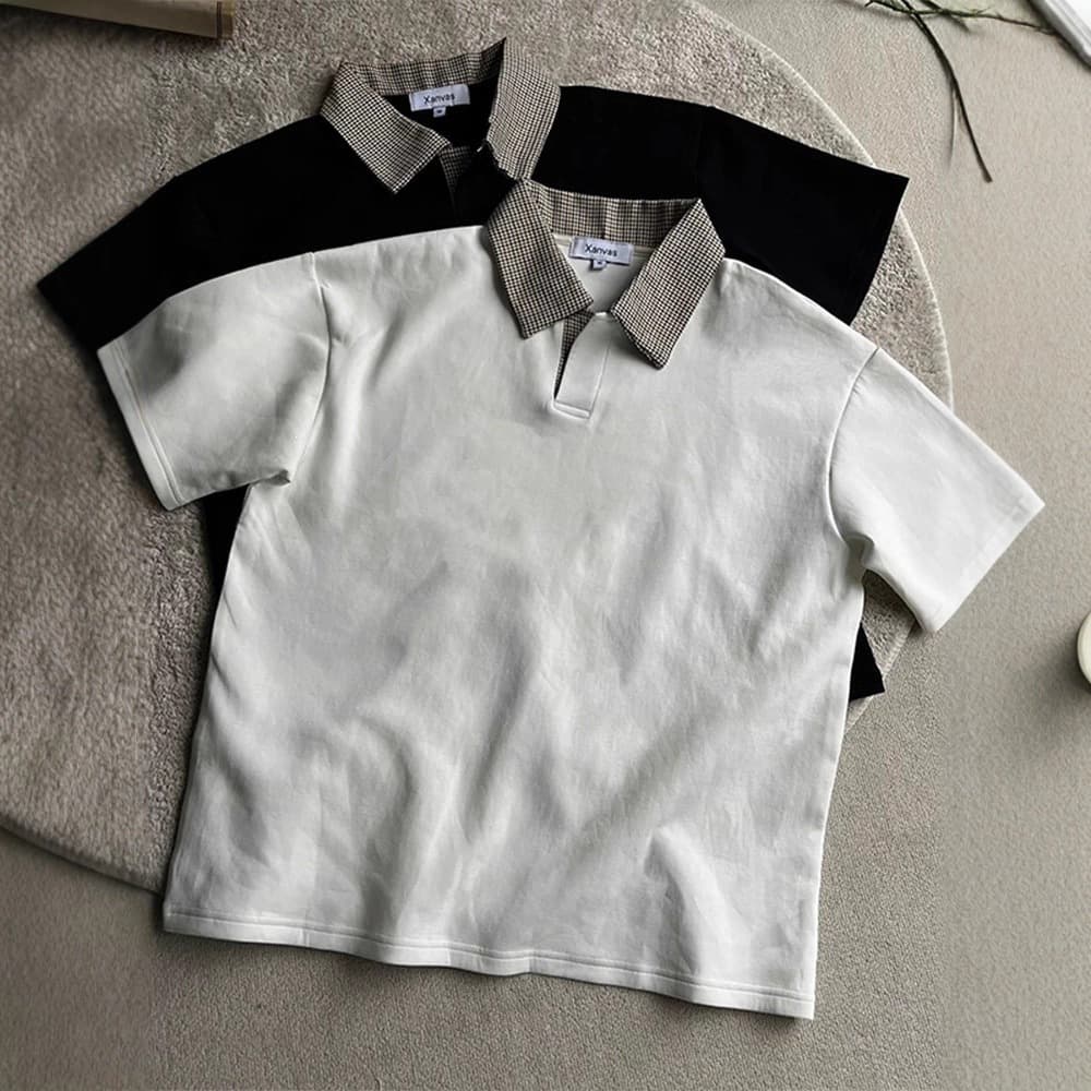 Houndstooth Patchwork Polo Shirt Short Sleeve T-Shirt Men's American Old Money Style Straight Shoulder T-Shirt Cleanfit Turn-Down Collar Top
