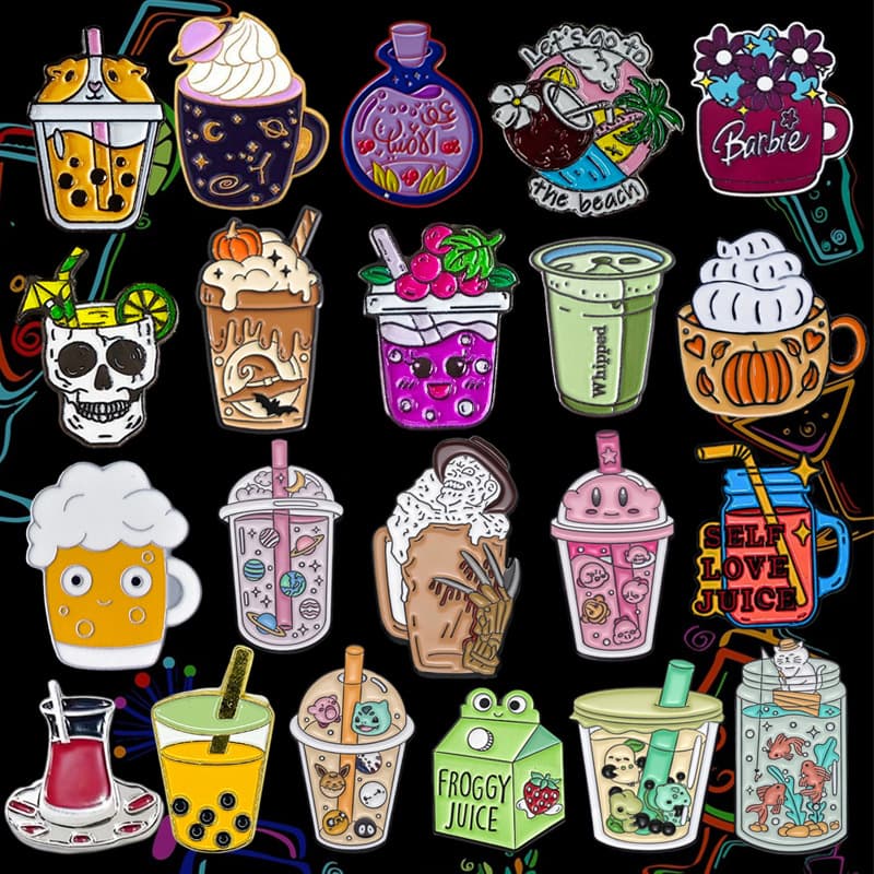 In-stock creative cartoon juice drink cocktail beverage badges, soft enamel paint mobile phone stickers wholesale and custom orders.