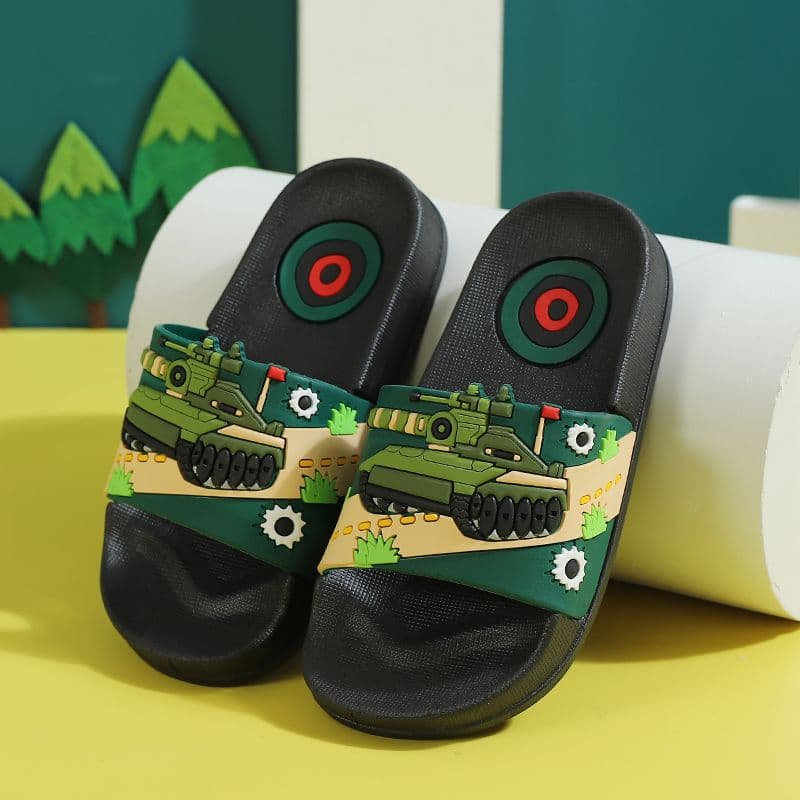 Tank Cartoon Summer Slippers for Boys, Soft Sole Anti-Slip Bath Slippers, Kids Toddler Slippers