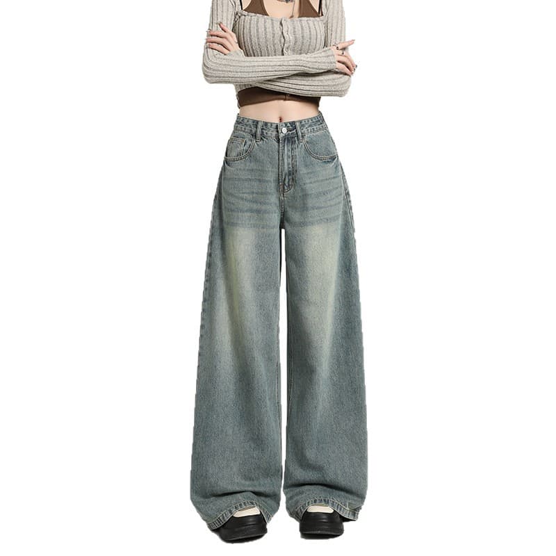 Light Blue High-Street Vintage Wide-Leg Pants, Ultra-Soft Yarn Dual-Core Siro Spun Soft Denim, Flowing Floor-Length Pants, American-Style Wide-Leg Pants