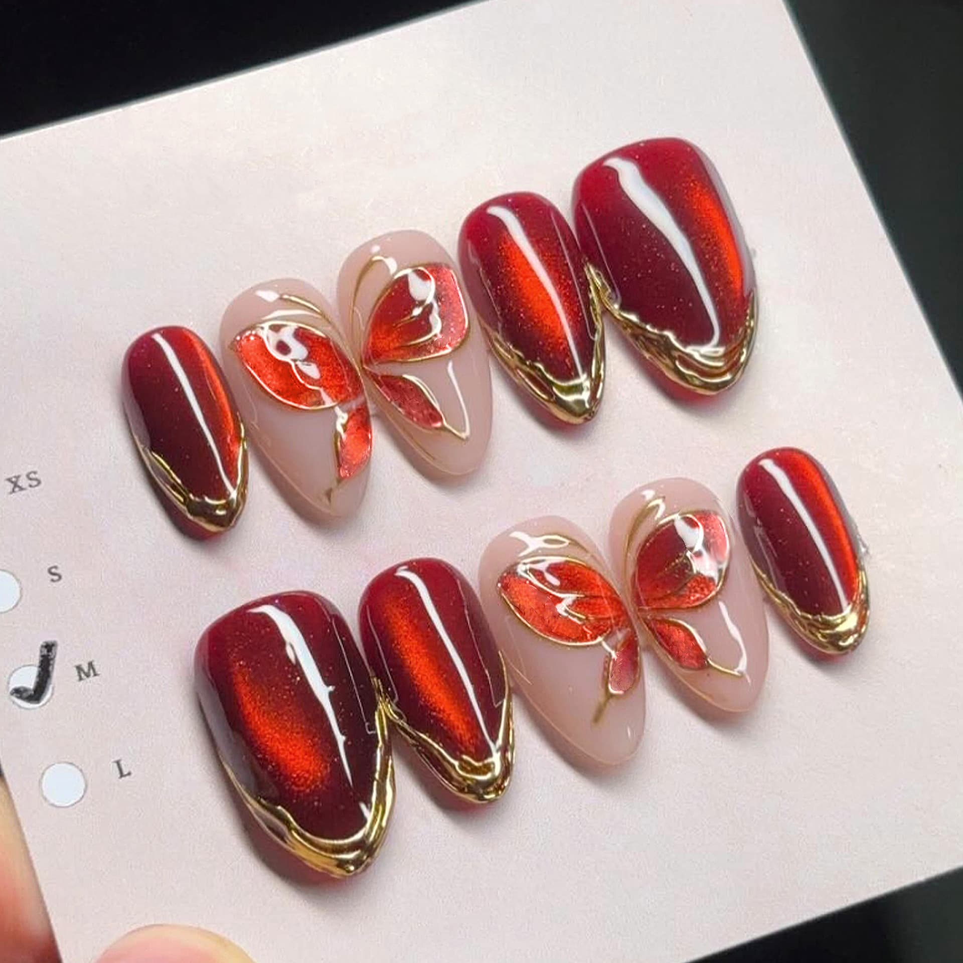 30pcs Cross-border Hot-selling Wine Red Sweet Cat Eye Bow Almond Press-on Nails Premium Gilded French False Nails Wholesale