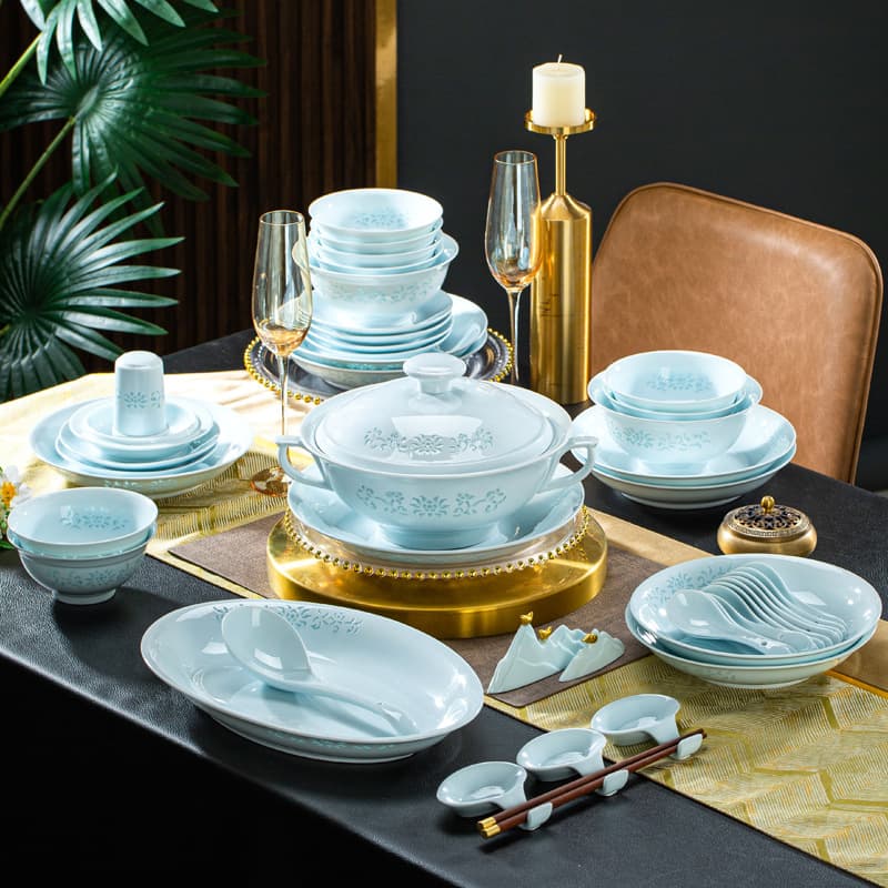 Jingdezhen celadon exquisite tableware household rice bowl noodle bowl deep plate underglaze color Chinese dishes gift set wholesale