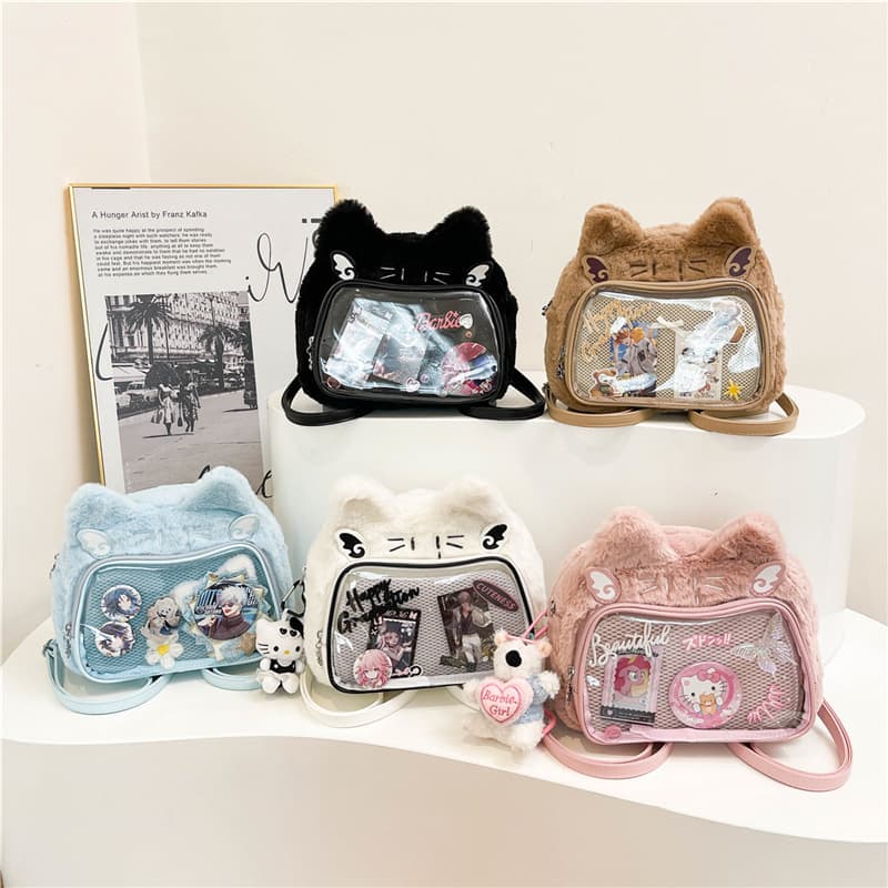 Japanese student's cute backpack with kitten ears, two-dimensional girl's shoulder crossbody bag, small appetite plush pain bag