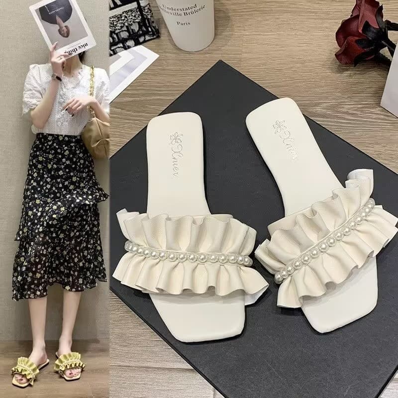 Fairy Style Pearl Lace Sandals for Women 2026 Summer New Collection, Flat Beach Sandals That Make Feet Look Smaller
