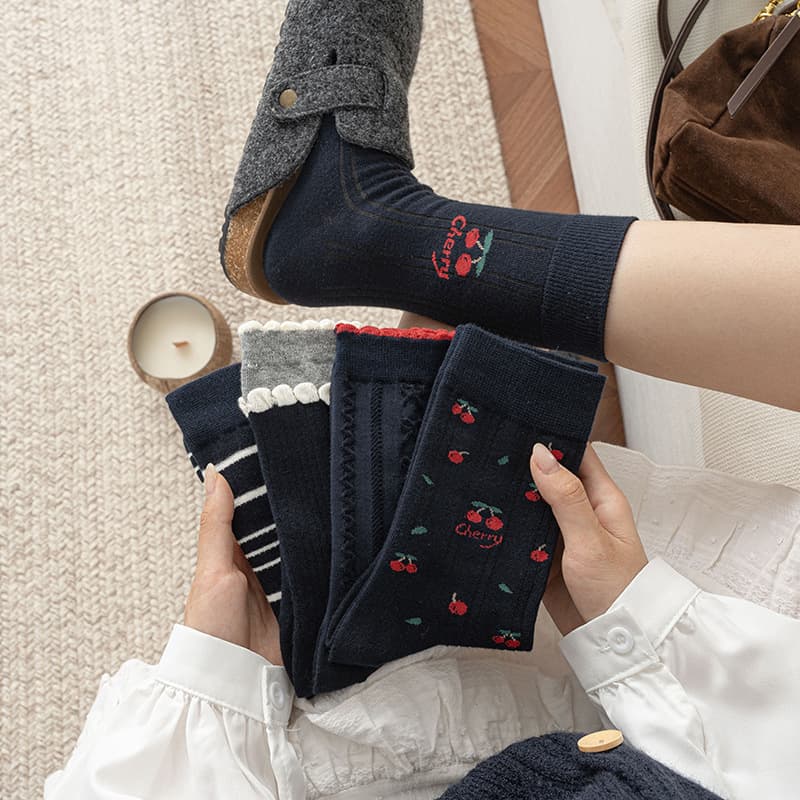 Combed Cotton Socks for Women with Cherry Print, Mid-Tube Japanese Style Slouch Socks, Retro Style Color-Block Striped Lace Women's Socks for Autumn and Winter