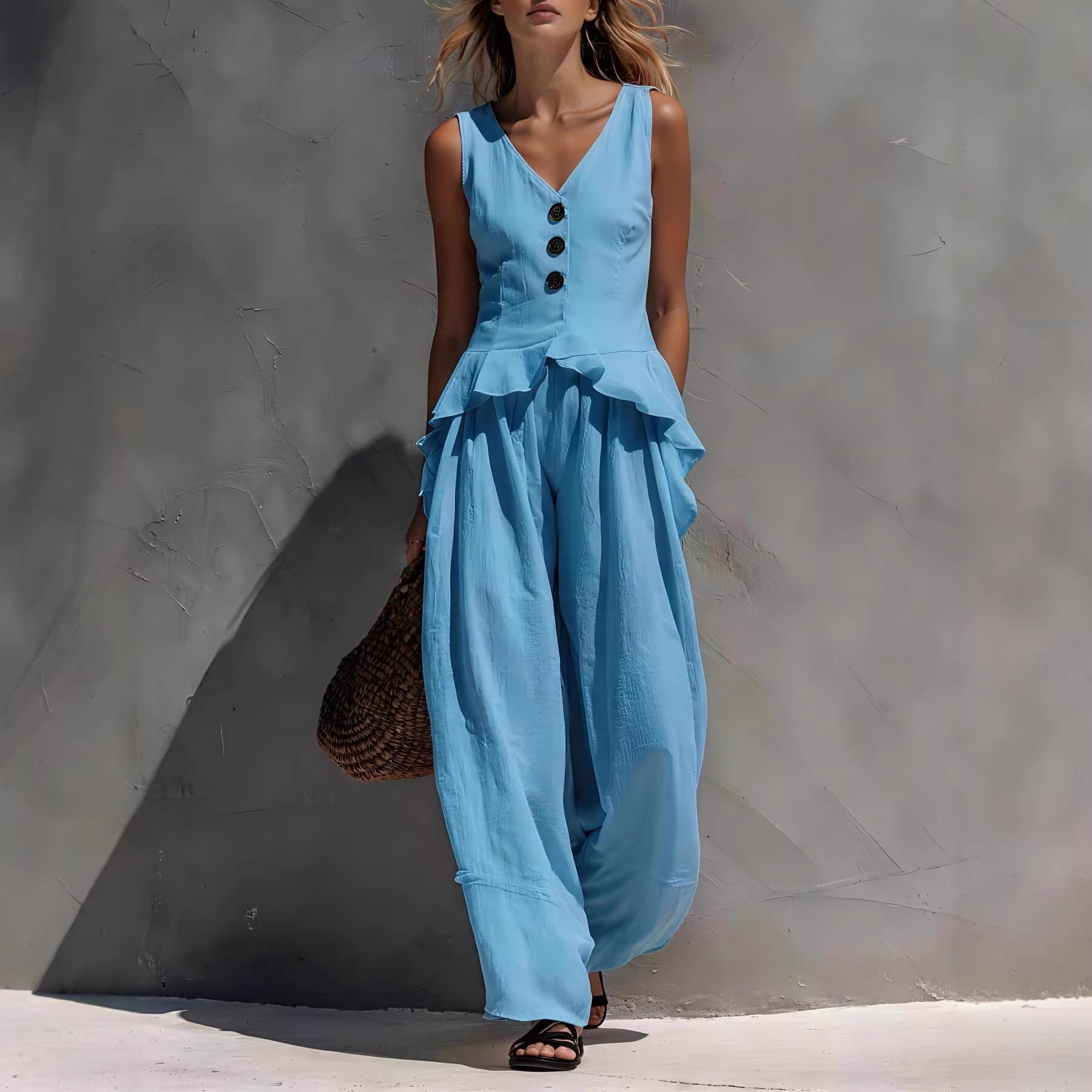 2026 In Stock Cross-Border European and American Summer Linen Cotton Sleeveless Button V-Neck Ruffle Vest + Flowing Wide-Leg Pants