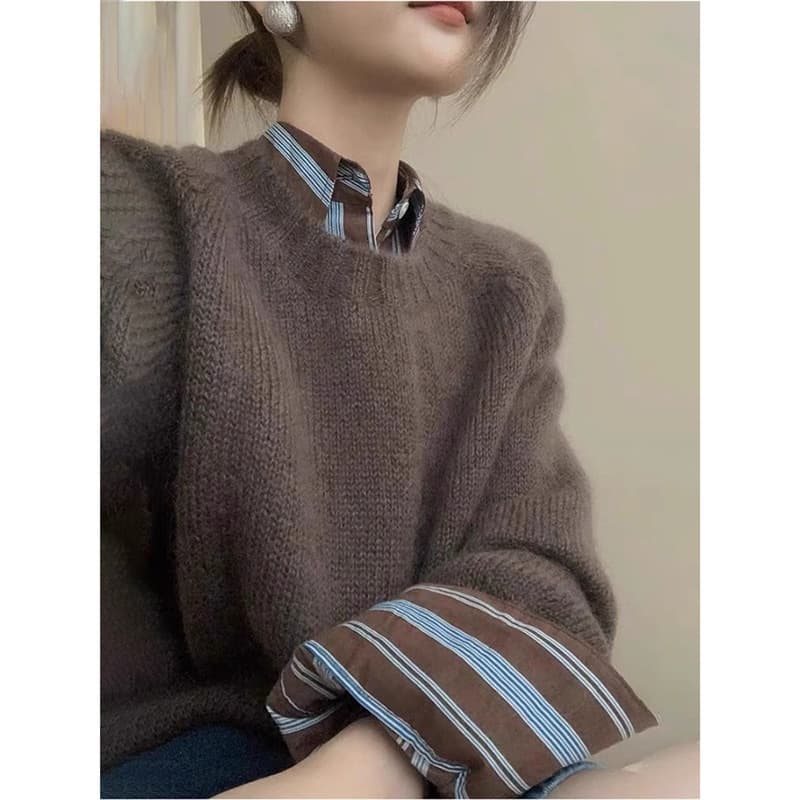 Mallard Brown Round Neck Sweater for Women, Autumn Knit Mohair Pullover Lazy Style Soft Thick Top Autumn/Winter