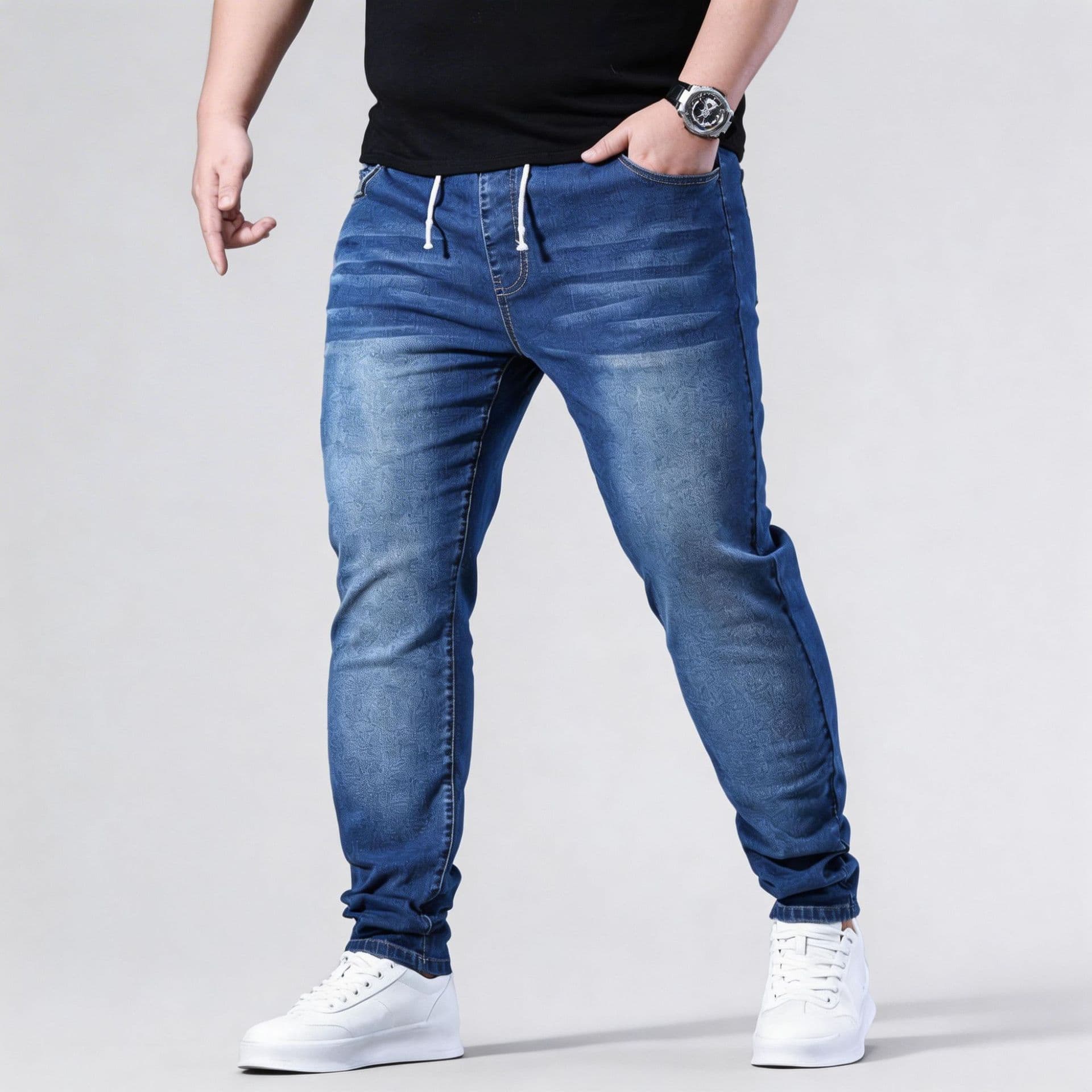 Cross-border large size jeans for men, slim fit and small feet, trendy brand, versatile, elastic, simple, casual, fat men's pants