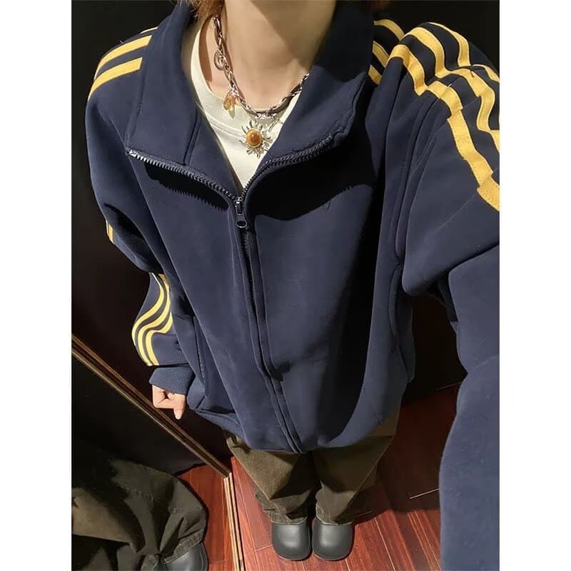Navy Blue Striped Cardigan Sweatshirt for Men Couple OOTD Outfit American Retro Casual Stand Collar Zip Jacket