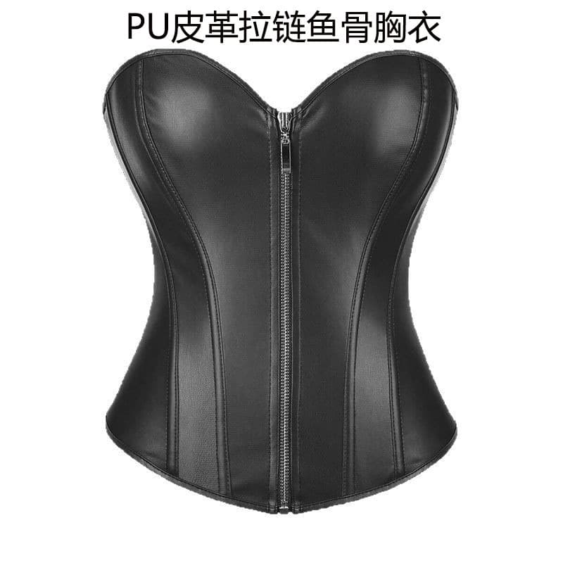 PU Leather Zipper Slimming Boned Corset, Women's Strapless Nightclub Performance Game Costume