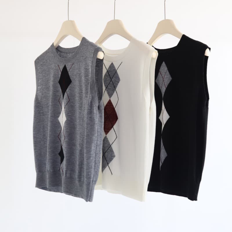 American Retro Diamond Pattern Round Neck Sleeveless Knitwear 16-Gauge 33 Fine Wool Blend Vest Layering Top