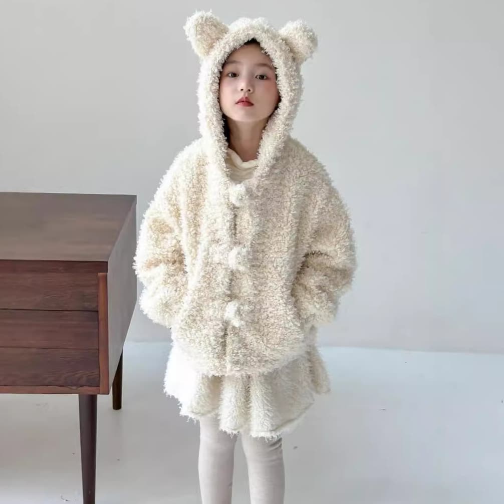 Children's Suit 2025 Winter Girls' Cute Lamb Wool Hooded Jacket Short Skirt Suit Girl's Thickened Two-piece Set