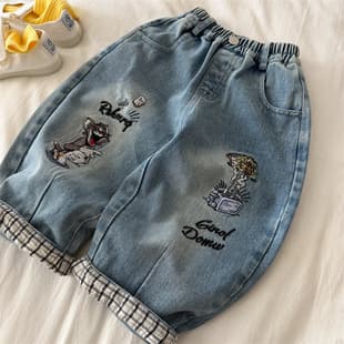 Kids Pants 2026 Fall New Arrival Boys Girls Cartoon Embroidery Jeans Baby Loose Casual Pants