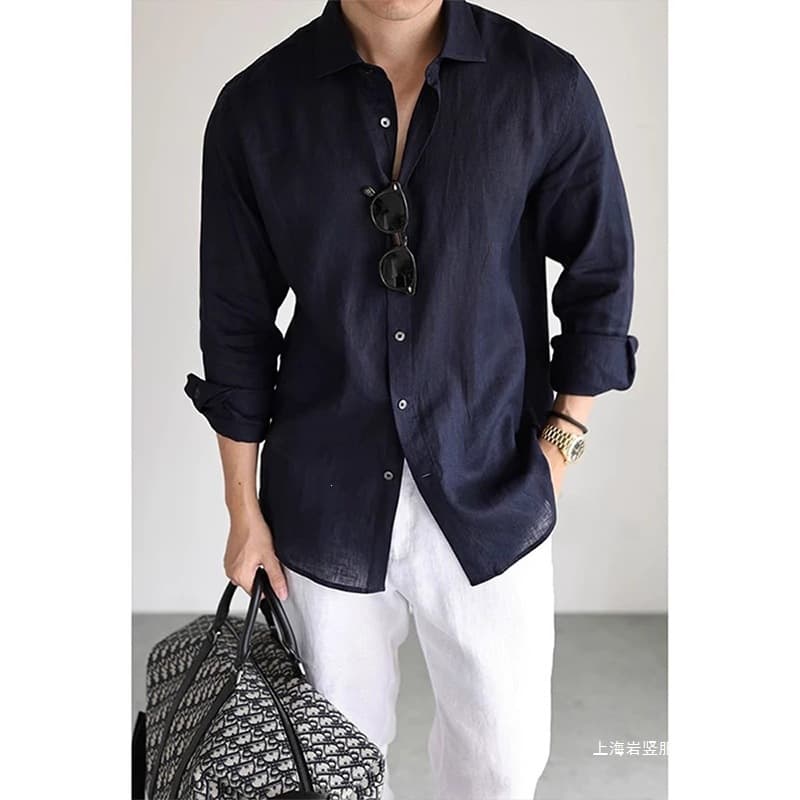Navy thin linen shirt men's summer new rich old money style long-sleeved shirt ice silk breathable sun protection jacket