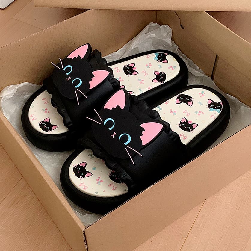 Cute Cartoon Cool Black Cat Outdoor Personality One-Line Slippers Summer Wear Home Anti-Slip Soft Sole Sandals