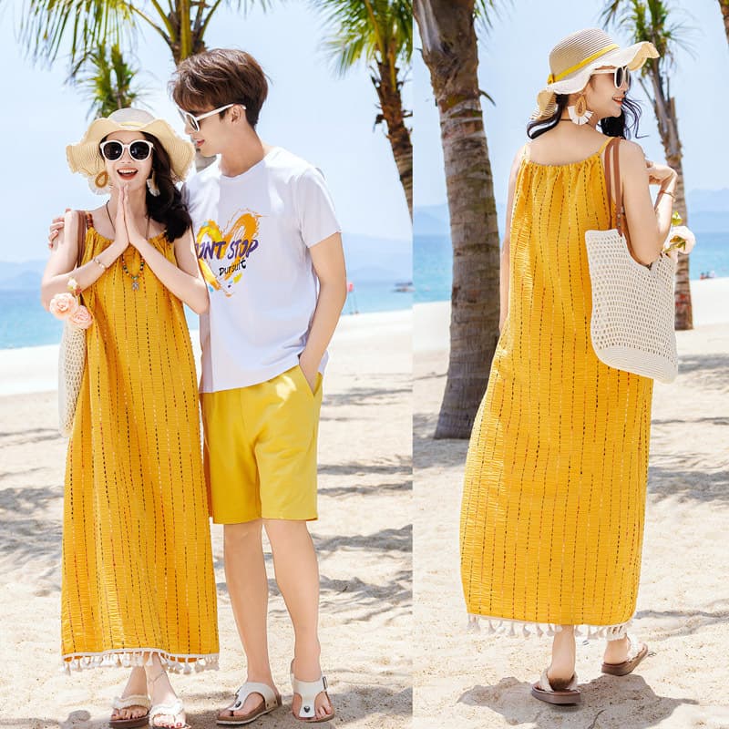 Beach Family Matching Outfits for Yunnan, Xinjiang, Western Sichuan, Grassland Travel, Mother-Daughter Halter Dress for Seaside Vacation