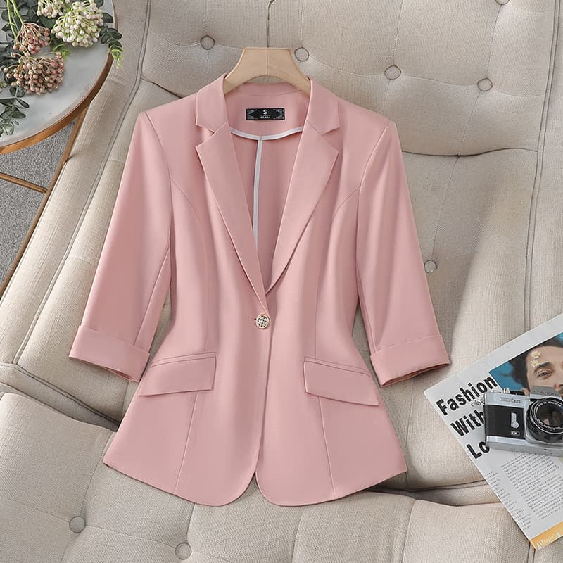 Pink Blazer for Women Summer Thin New Spring Autumn Petite Seven-Sleeve Casual Short Suit Jacket