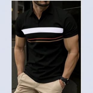 Business Casual Polo Shirt for Men, Short Sleeve Multi-Color Line Notched Collar T-Shirt, Cool Breathable Short Sleeve Printed Polo Shirt