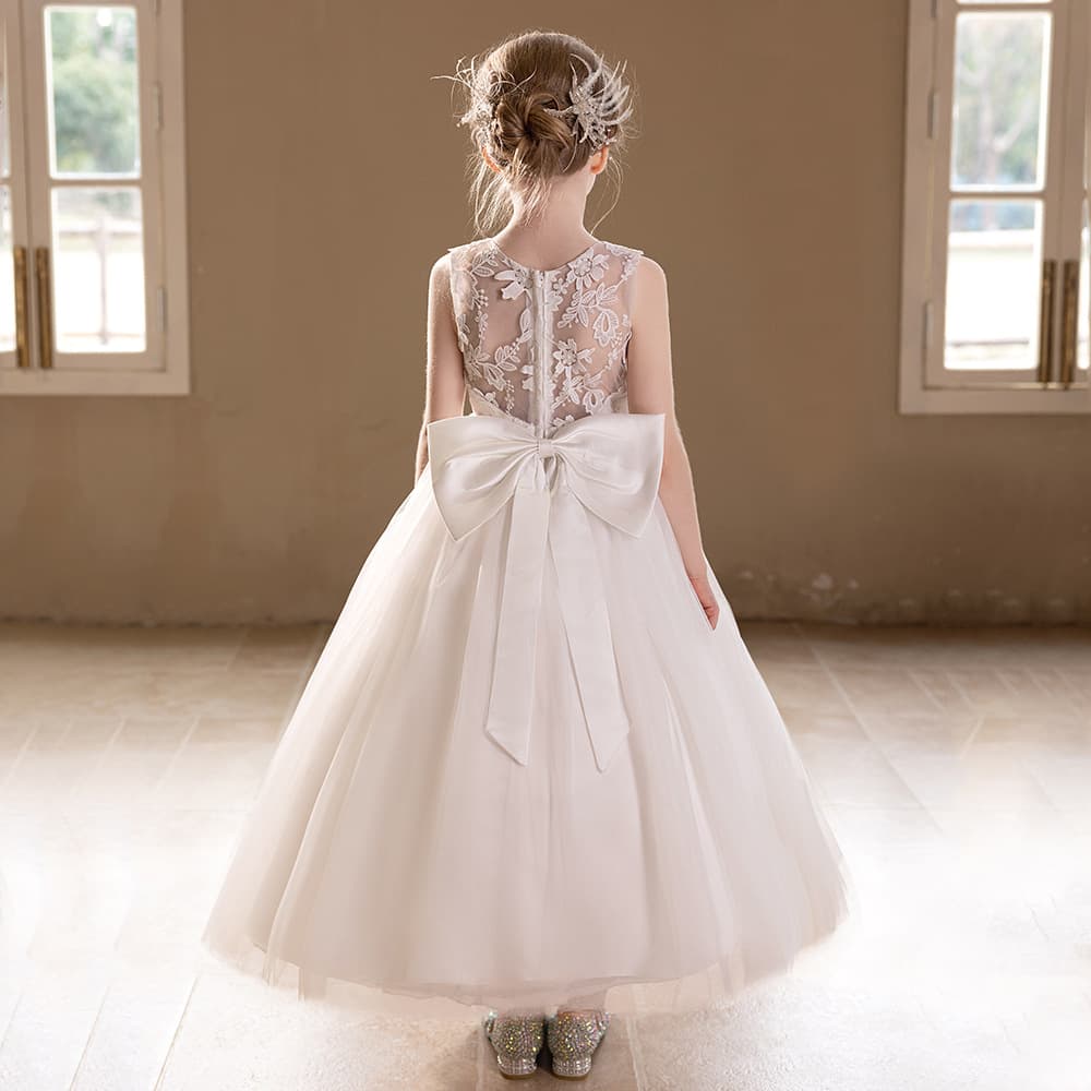 Girls White Wedding Tulle Dress Lace Embroidered Big Bow Evening Gown Puffy Tulle Bridesmaid Dress