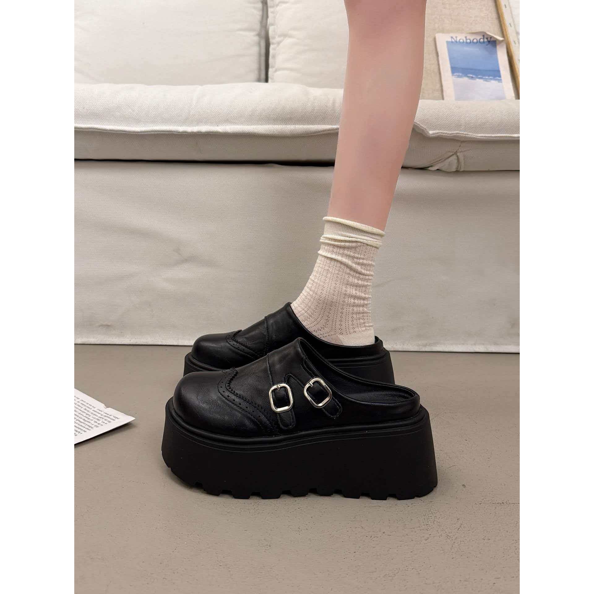 Huge and good-looking, thick-soled, elevated leather Birkenstock shoes, small toe-toe half-slippers, women's outer wear, new style, early spring