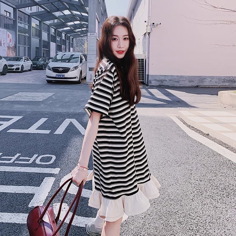 Maternity summer dress, sweet, fresh, striped ruffle dress, summer large size loose belly-covering skirt