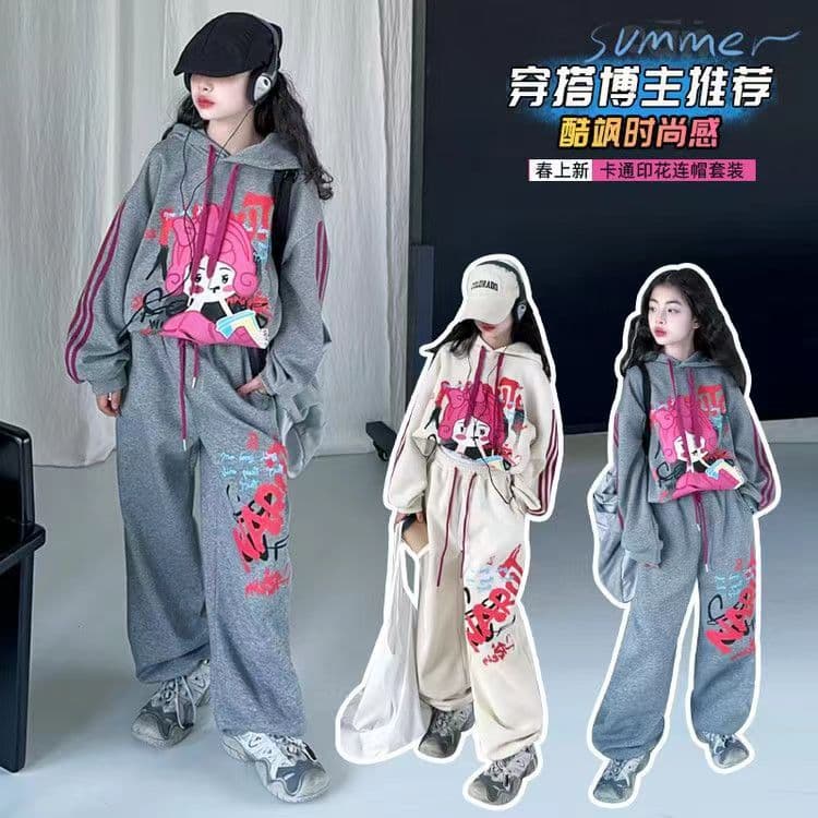 Trendy Korean-Style Girls' Outfit Set for Older Kids, New Spring/Fall Cartoon Hooded Sweatshirt with Casual Pants, 2-Piece Set