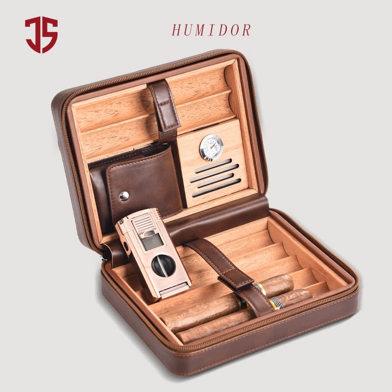 Qie Sheng Cigar Humidor Cedar Wood Stable Humidity Portable Case Leather Cigar Humidor 7-Cigar Set with Tools