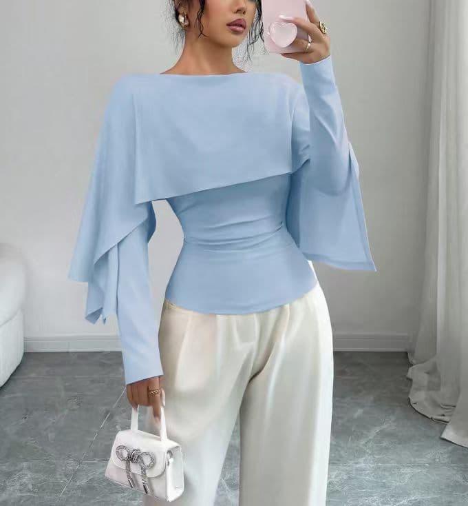 Cross-Border Europe and America Cape-Style Black Top Round Neck Poncho Design Light Mature Slimming Short Top