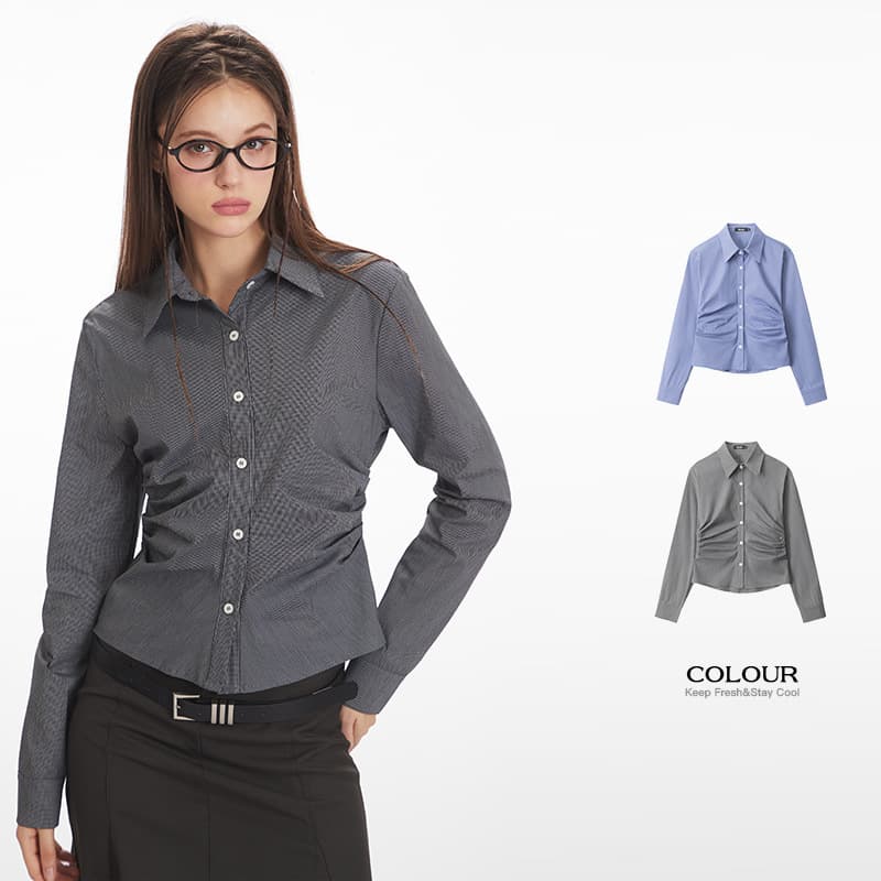 HeyHenry American Slim Fit Waist-Cinching Long-Sleeve Blouse for Women 2025 Fall Pleated Cropped Top with Set-in Sleeves