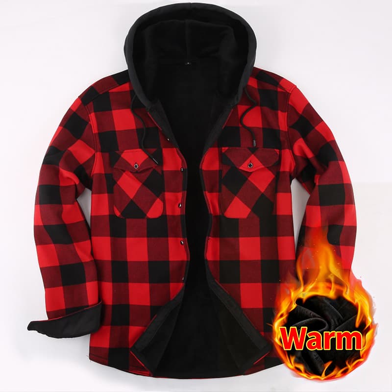 Amazon autumn and winter fleece-lined hooded plaid casual plus-size men's long-sleeve shirt, winter thermal shirt wholesale