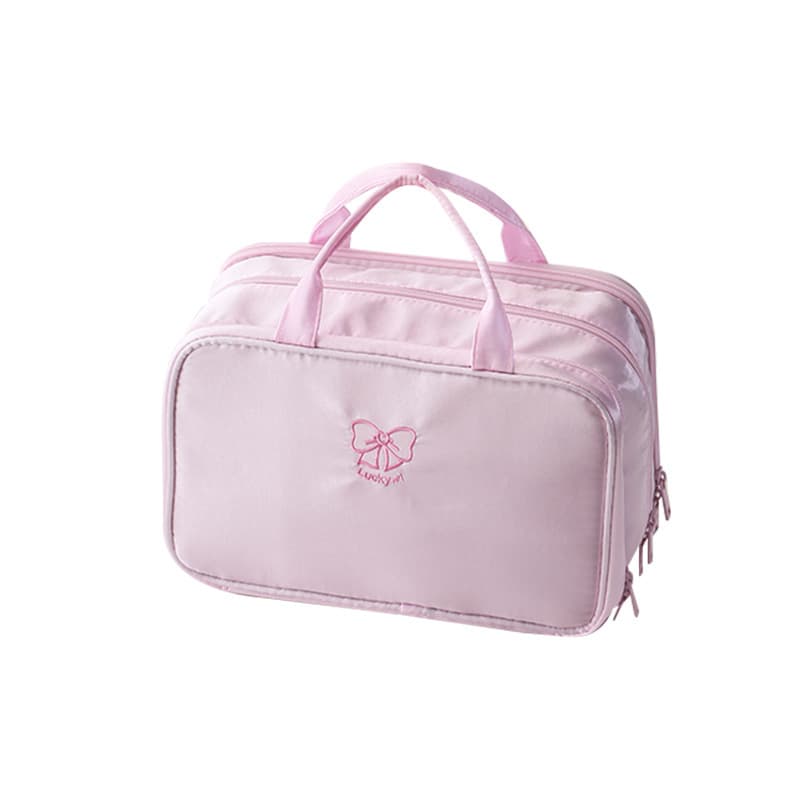 Yaya Three-Layer Portable Handbag Cosmetic Bag, Plaid Denim, Large Capacity Travel Makeup Organizer