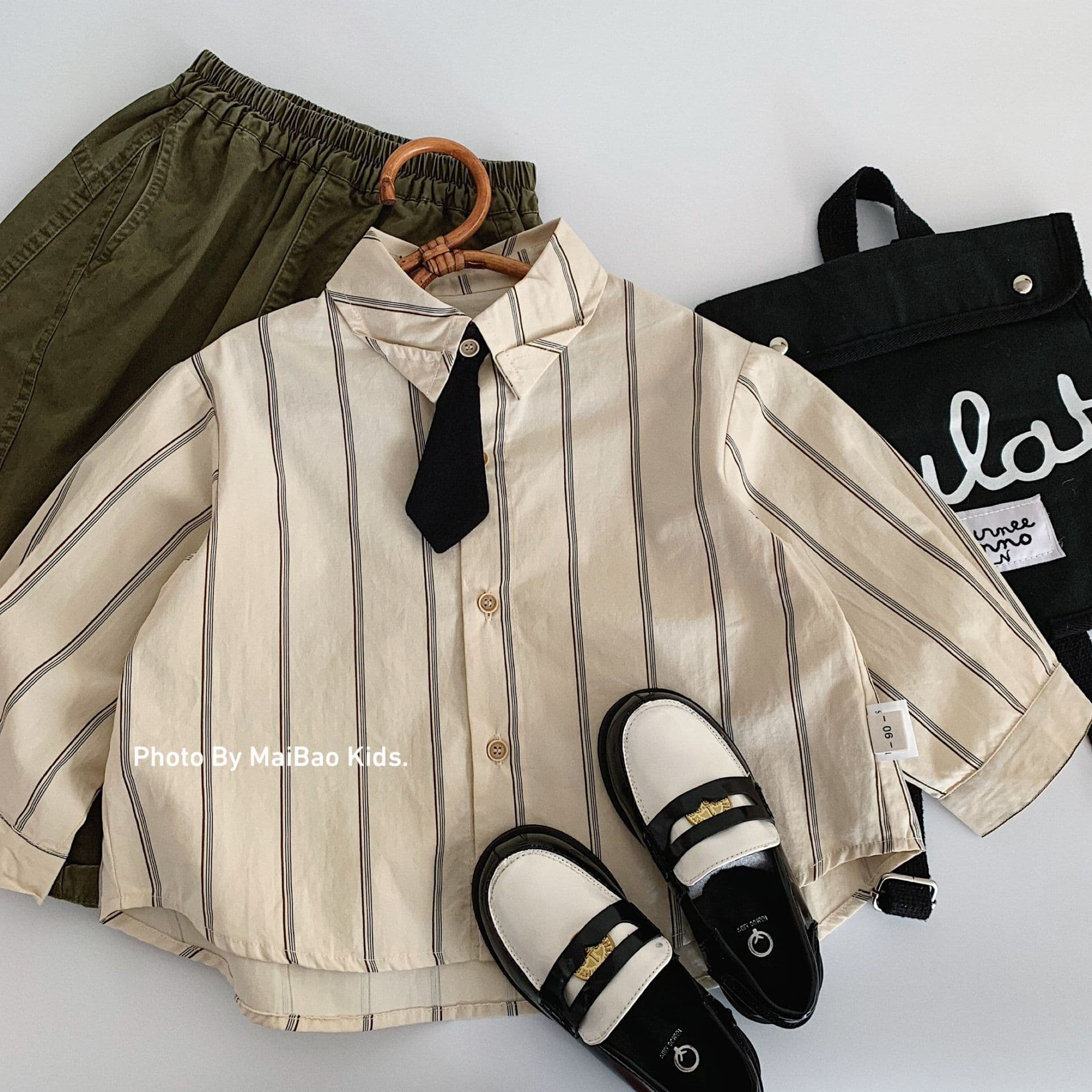 Maibao Kids Long-Sleeve Shirt 2026 Fall New Boys' Stylish Vertical Stripe Tie Shirt, Baby Trendy Fall Wear