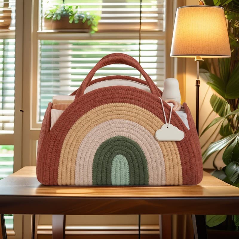 Portable Handwoven Cotton Rope Mommy Bag Diaper Storage Basket for Baby Diapers, Factory Stock
