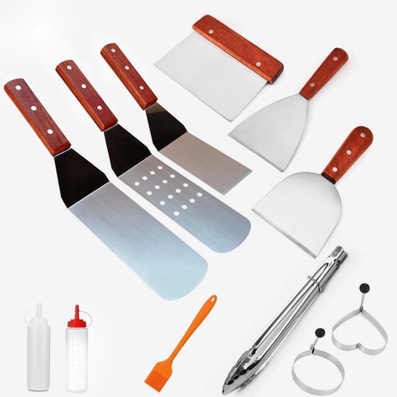Cross-border Outdoor Stainless Steel Barbecue Tool Set BBQ Grilling Utensils Set Japanese Cooking Spatula Wood Handle Frying Spatula Combination
