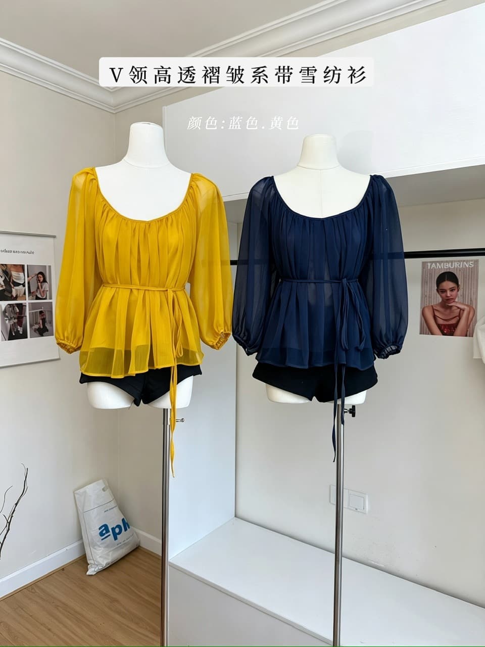 High-Transparency Pleated Tie Chiffon Blouse for Women Spring and Summer Half-Sleeve Top