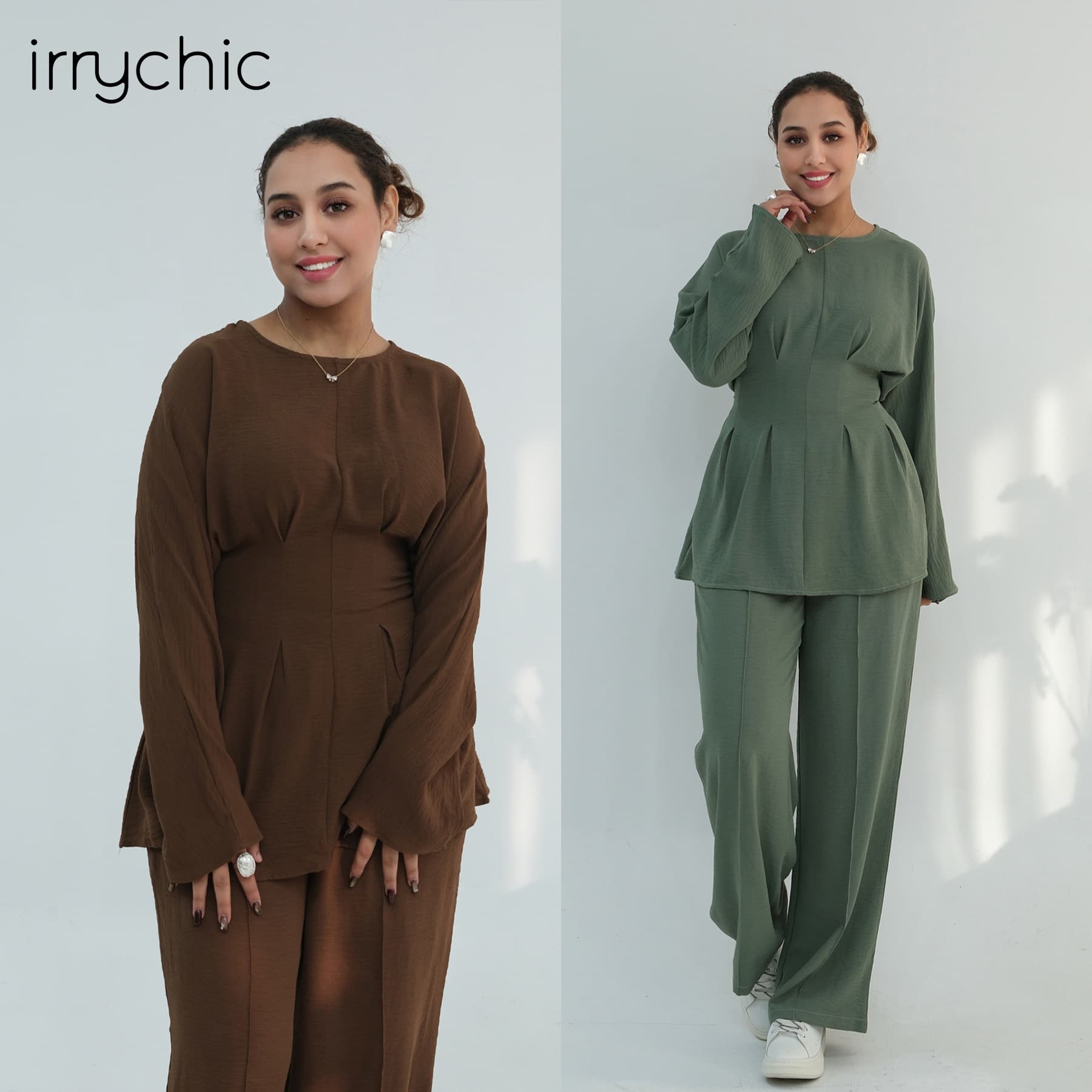 Ai Yi Rui Real Shot Direct Output, Solid Color Pleated Top + Pants Two-Piece Set 1094