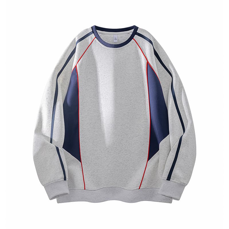 Preppy Light Gray Round Neck Sweatshirt Men Blue Red Panel Sports Top Loose Casual Campus Style Versatile Menswear