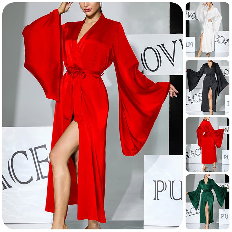 Feiyun Luxury Satin Long Robe with Flared Bell Sleeves, High Slit, Tie Closure, Women's Sexy Loungewear 1103