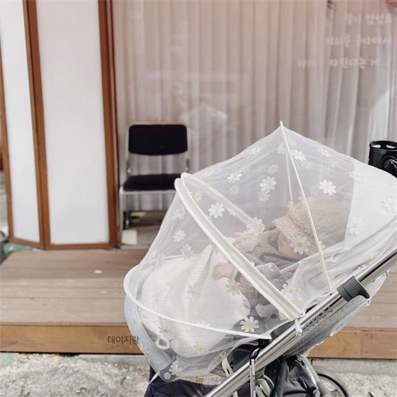 Korean INS-style Stroller Mosquito Net with Daisy Embroidery - Full-Cover Bug Protection for Outings