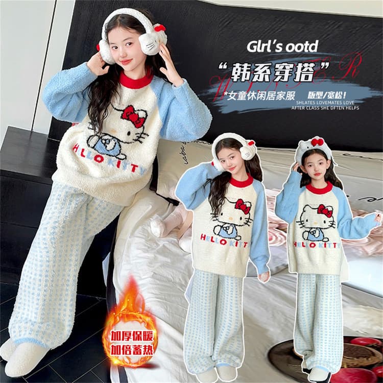 Girls Raglan KT Cat Half Velvet Pajamas Autumn and Winter 2025 New Thick Warmth Soft Home Clothes Set