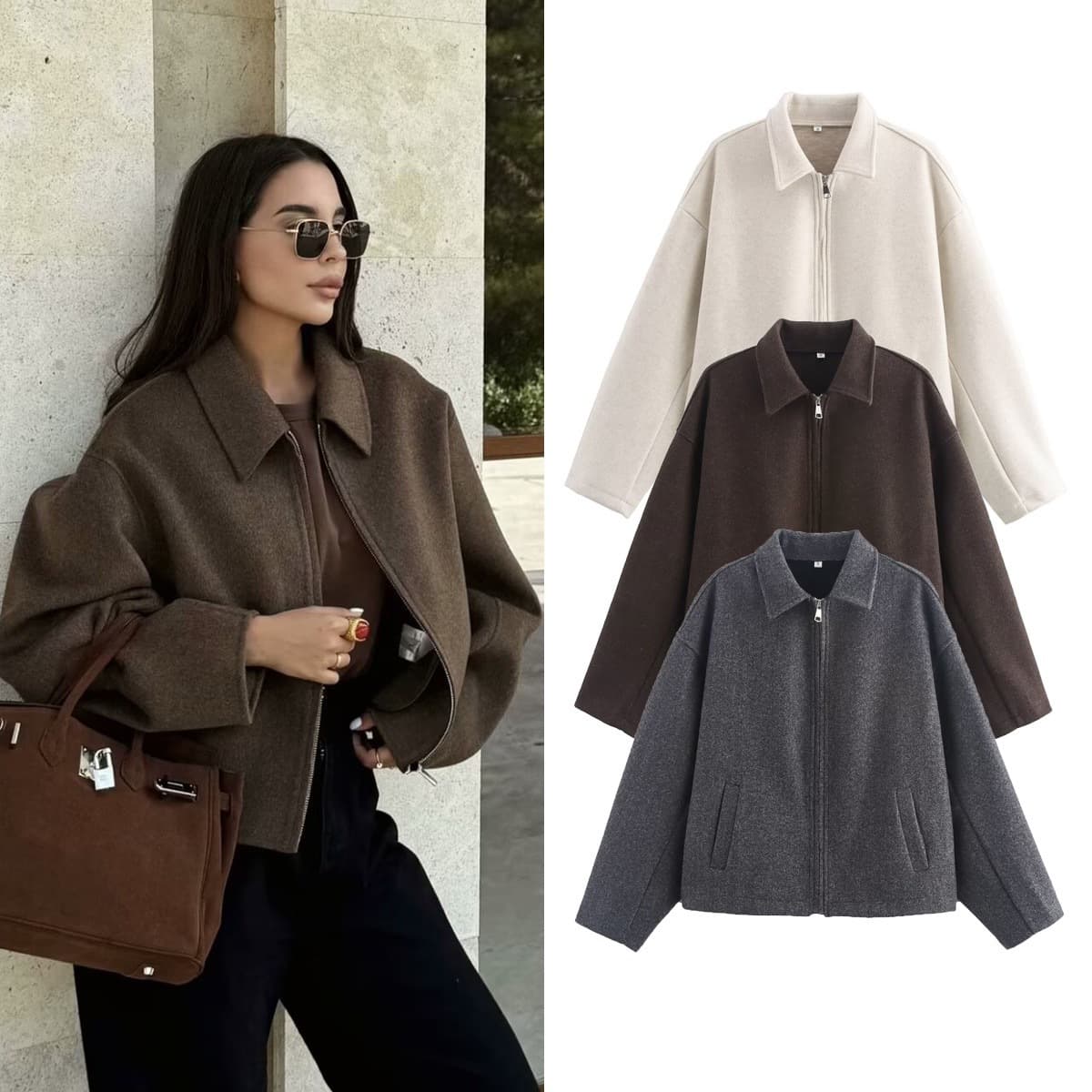 Cross-border European and American women's clothing, AliExpress best-selling retro brown zip-up long-sleeved short jacket