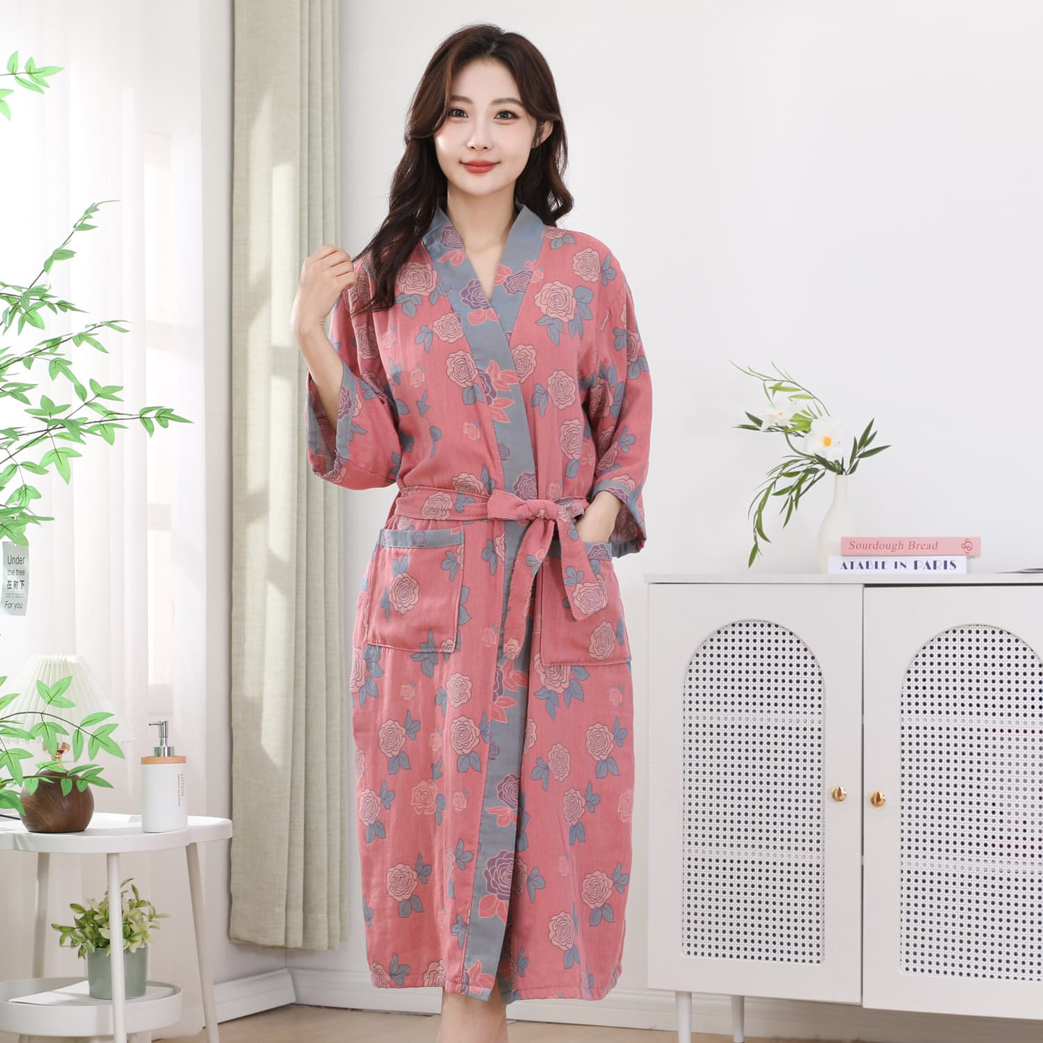 Wholesale Women's Nightgown Double-Layer Gauze Long-Sleeved Women's Bathrobe Large Flower Printed Steaming Suit Cotton Gauze Absorbent Women's Bathrobe