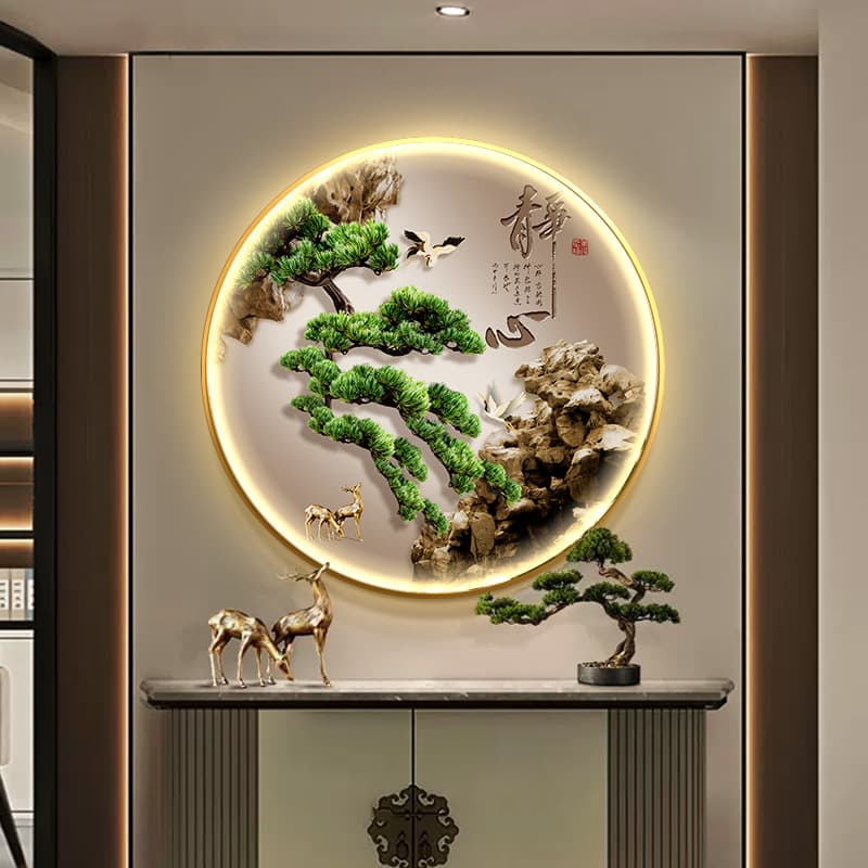 New Chinese Style Welcome Pine Hanging Painting LED Ambient Light Art for Living Room, Study, Tea Room, and Entryway Background Wall Decoration