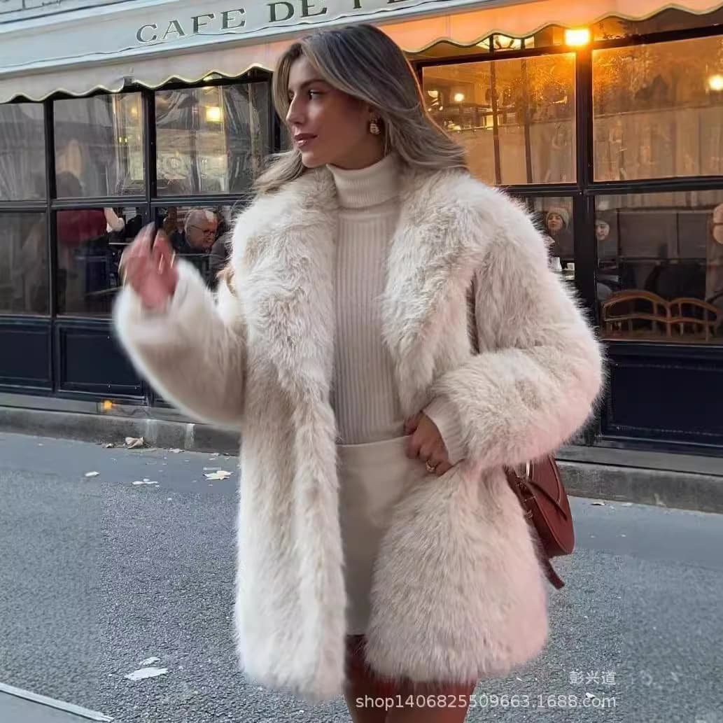 Women's Fashion 2024 Spring European and American Style Warm Turn-Down Collar Loose Faux Fur Effect Coat Outerwear Trendy