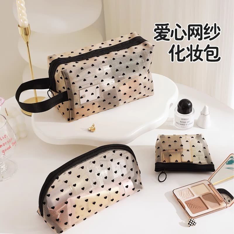 Flocked Mesh Cosmetic Bag Heart-Shaped Portable Lipstick Touch-Up Bag Large Capacity Travel Storage Toiletry Bag