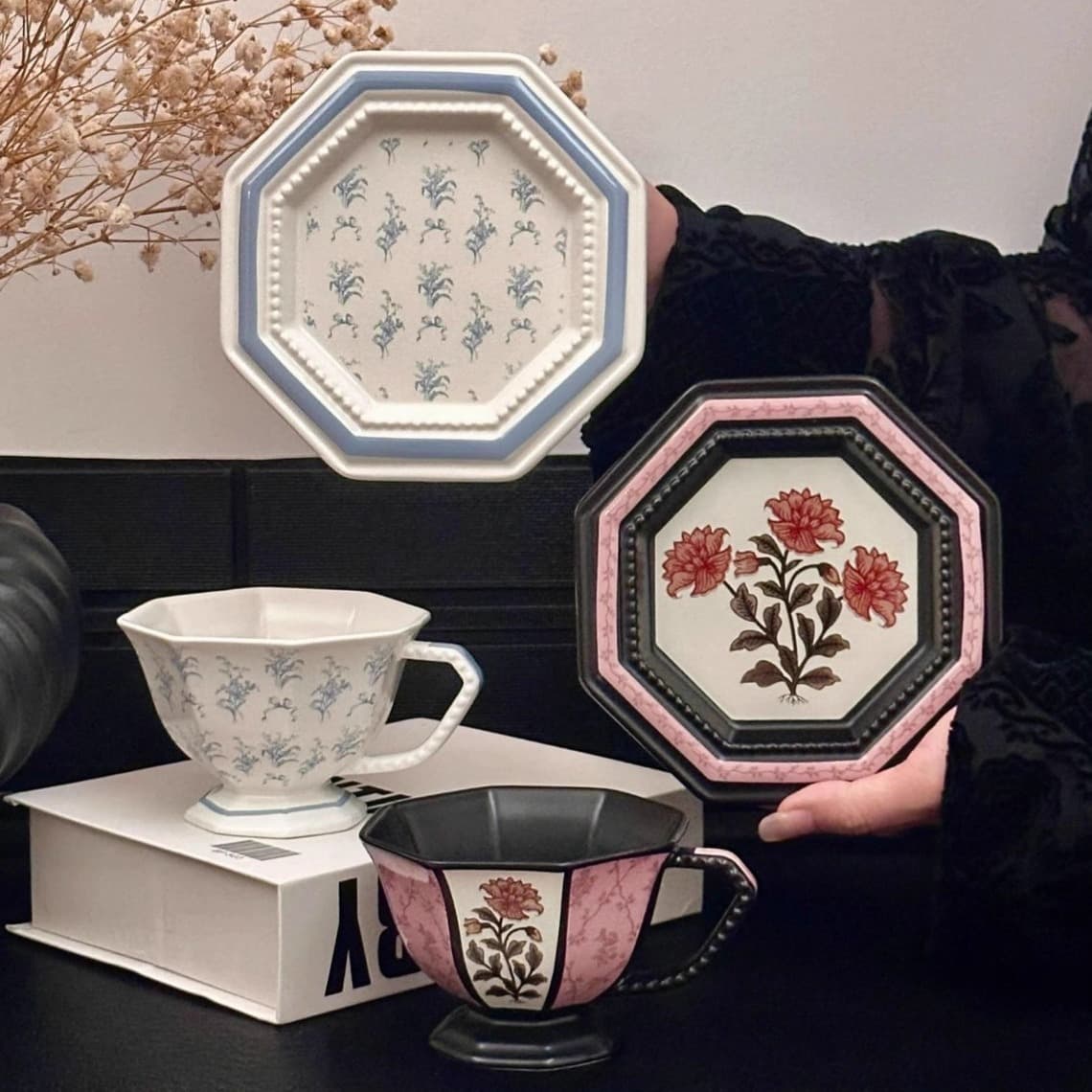 Octagonal Peony Bloom French Retro Ceramic Coffee Cup and Water Cup, High-End Housewarming, Engagement, Wedding Gift or Souvenir
