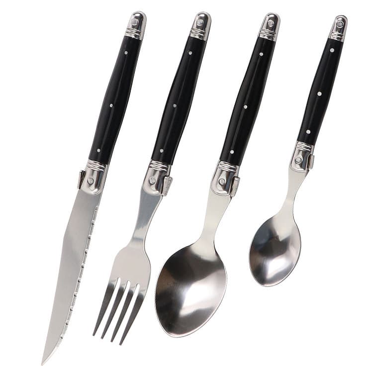Stainless steel household Western-style knife, fork, spoon, and ladle set with black plastic handles; steak knife, steak fork, spoon, and steak cutlery.