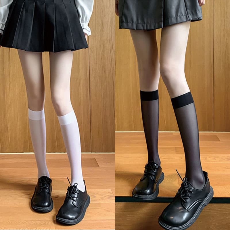 Spring Summer Ultra-Thin Core-Spun Calf Socks Mid-Calf Black White Skin Tone Japanese Ins Sweet Style JK Transparent Calf Socks
