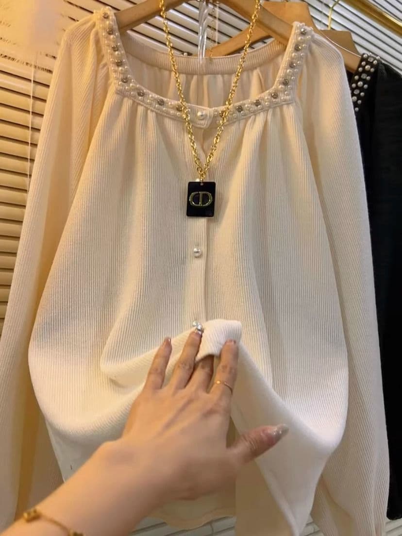 Plus Size Pearl Square Neck Long Sleeve Blouse for Women Autumn Winter Loose Fit Concealing Slimming Shirt
